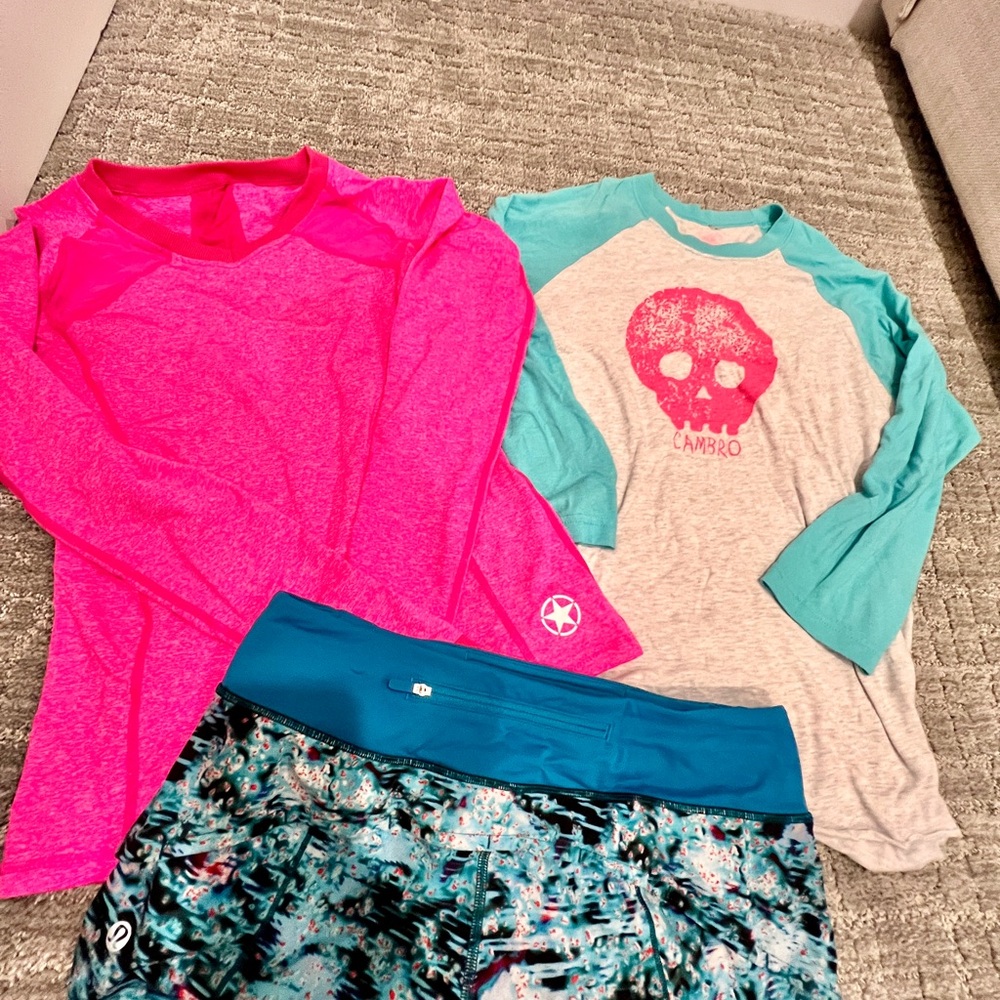 Lululemon Speed Shorts, Pink Savage Long Sleeve, Cambro Skull Baseball Tee View 2